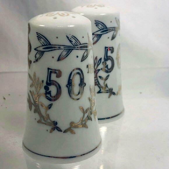 Vintage Lefton 50th Anniversary Salt and Pepper Shaker Set White Gold Trim 1955 - Picture 7 of 11